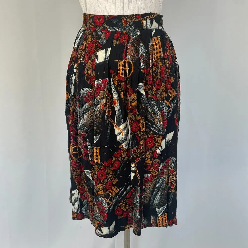 Vintage Midi Skirt Size 10 Petite 10P Black Red Mix Print Floral Preppy Academia